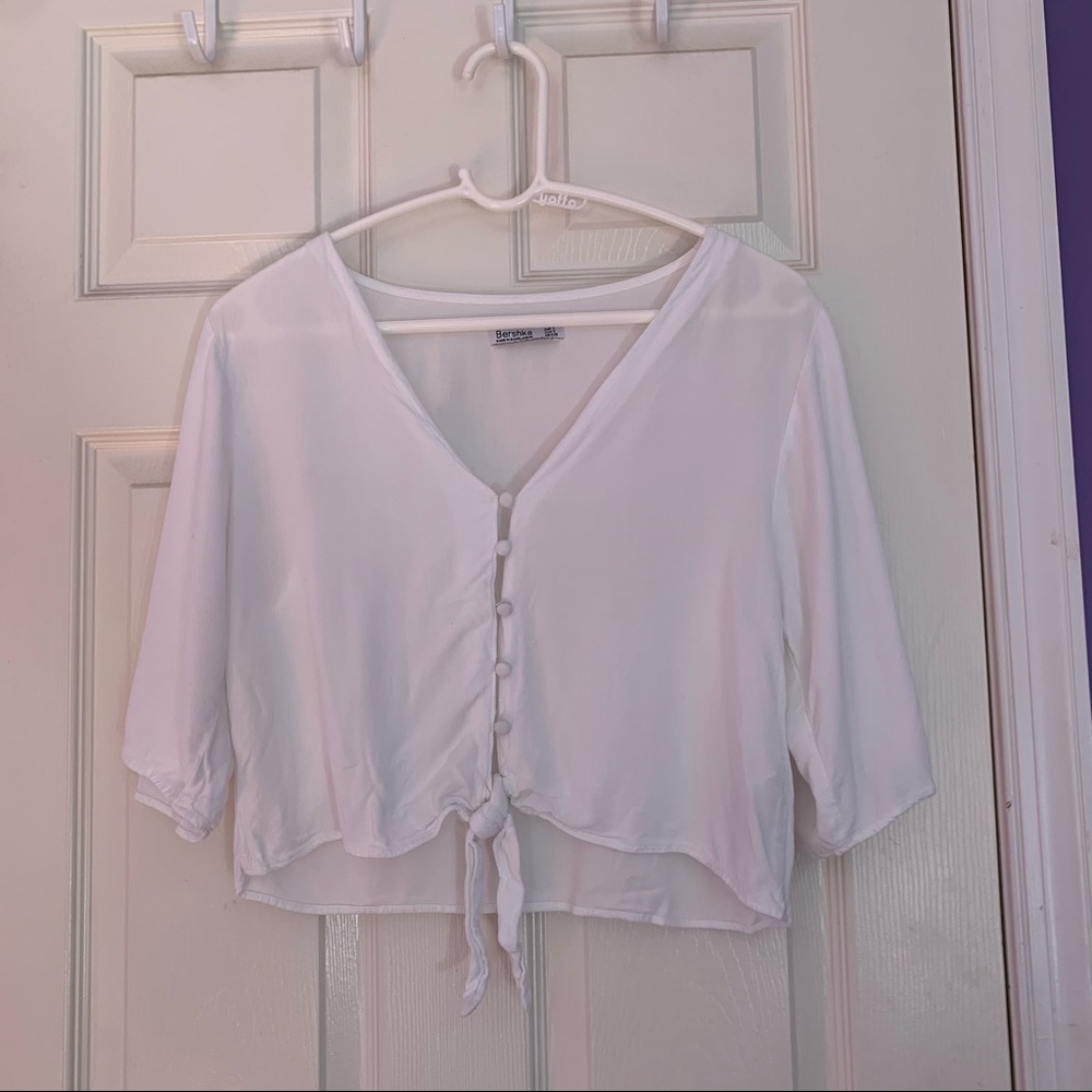 Bershka White Short Sleeve Tied Top